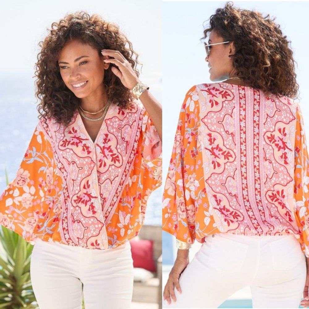 Bohemian Floral Print Wrap Blouse, Medium Orange Pink Dolman Sleeve Paisley Boho